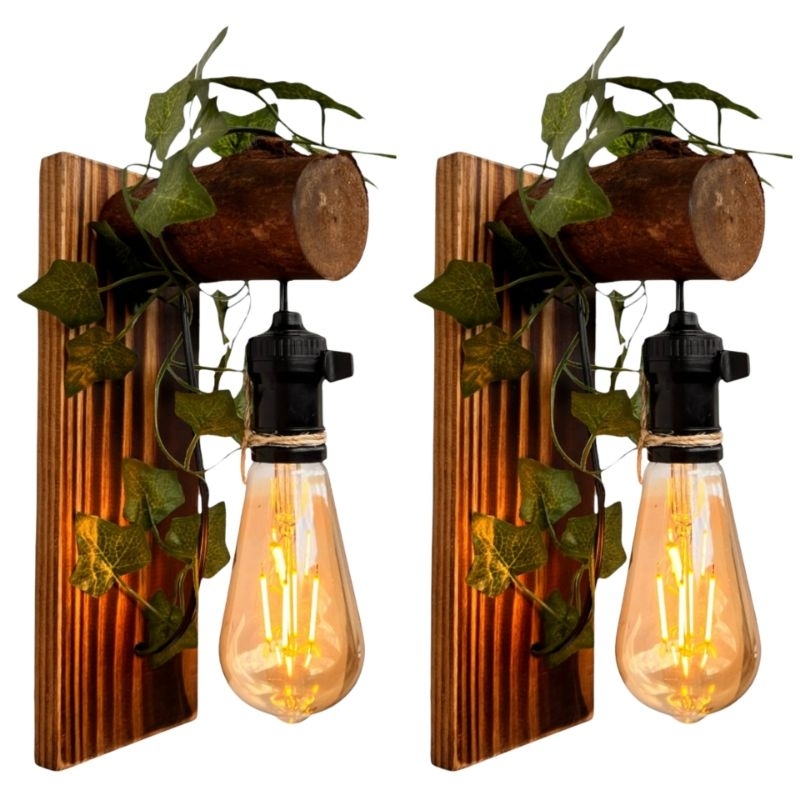 2 Arandelas de Parede Luminária Madeira e Folhagem – Rústica Retrô Vintage Colonial decoração