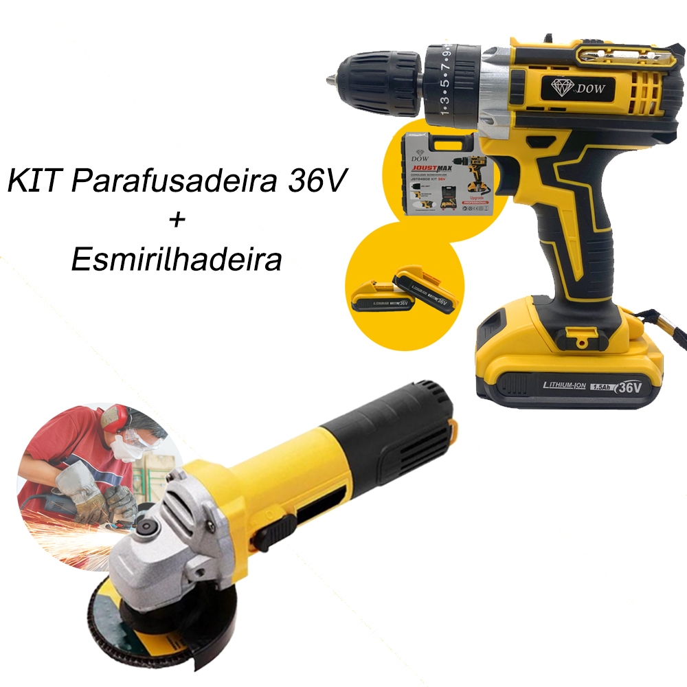 KIT  Parafusadeira furadeira 36v 220v Com gancho e 2 bateria + Esmerilhadeira Lixadeira Angular 220v