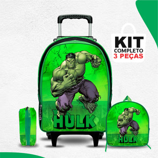 Kit Mochila Escolar hulk Infantil - com Lancheira e Estojo - Rodinhas - Menino - Masculina
