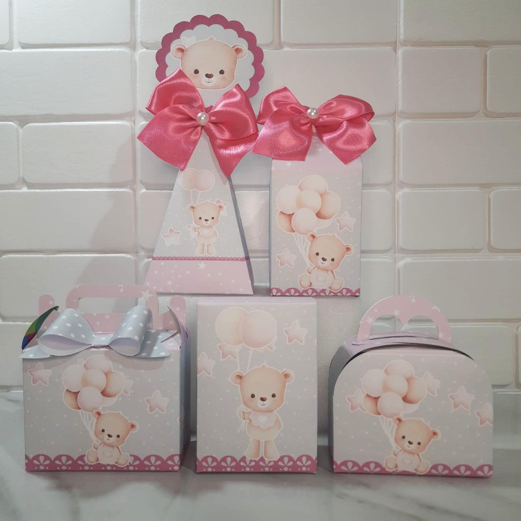 Kit Caixas Personalizados Tema Ursinho Baby Rosa e Cinza - Festa - Mimos - Aniversário (PEGUE E MONTE ou MONTADO)