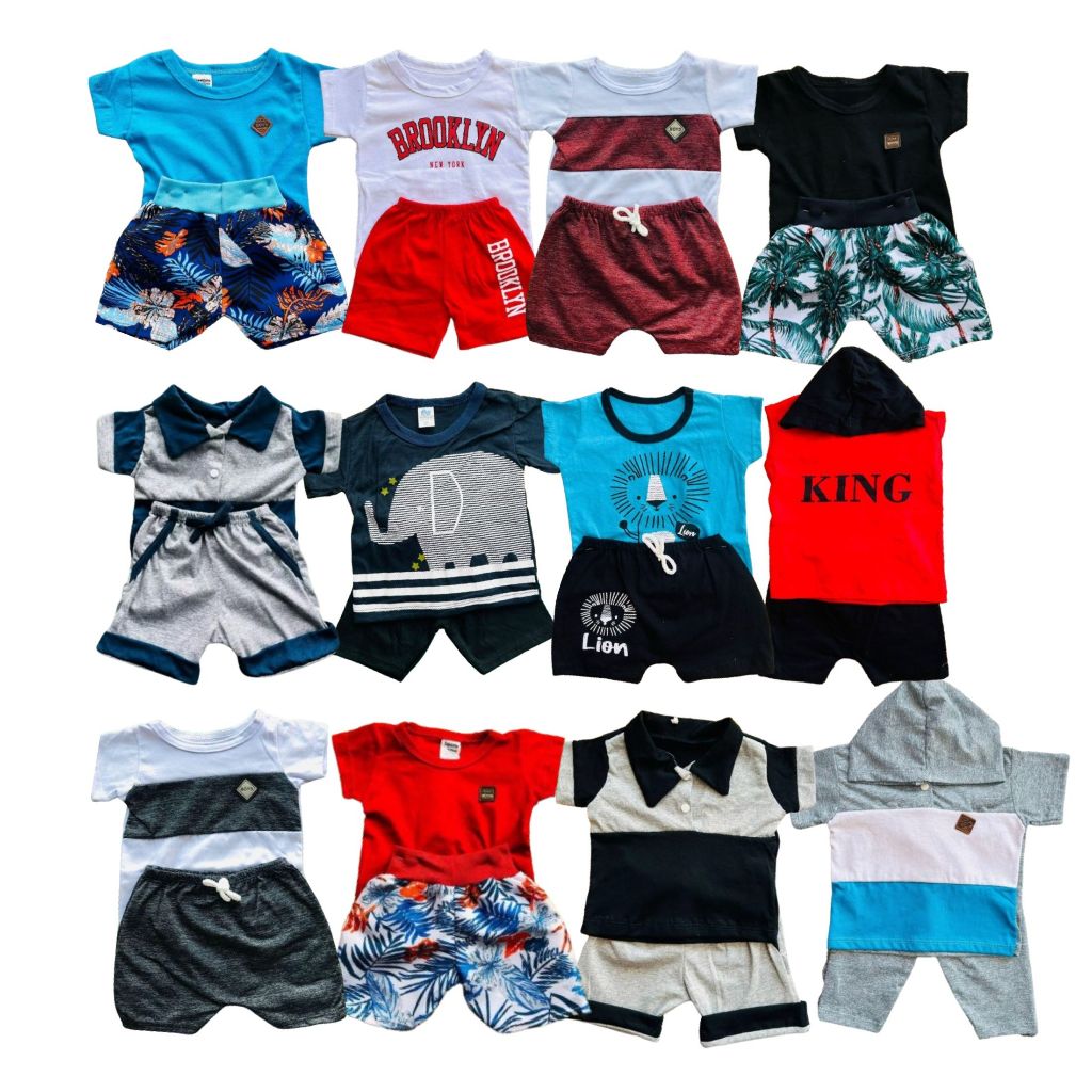 Kit Sortido 10 Peças para Bebê de 3 -  6  meses menino infantil 5 Camisetas + 5 Bermudas Kit com 5 Conjuntos