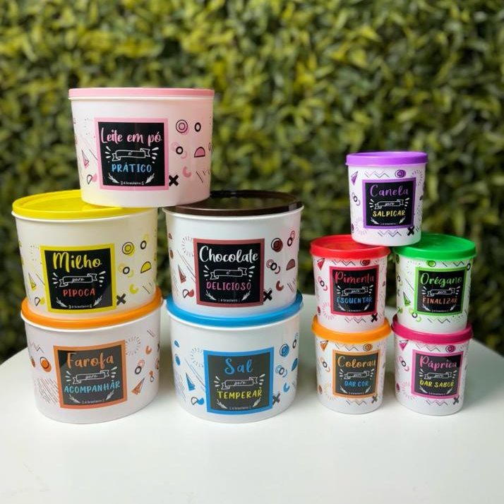 Kit Mantimento 5 Peças Mais Porta Tempero Plástico Colorido Potes Organizador Condimentos Alimentos