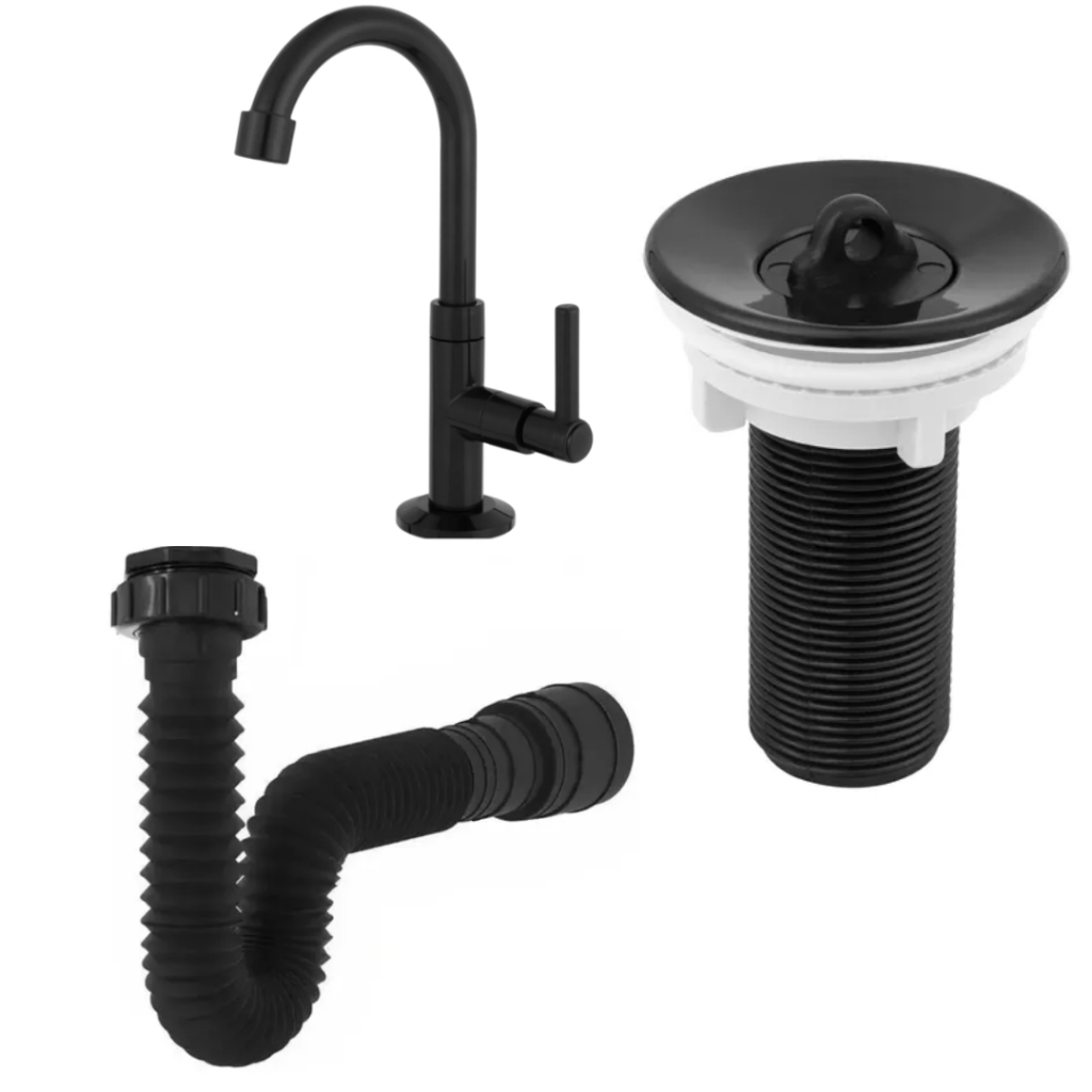 Kit Torneira Lavatorio Banheiro Valvula + Sifão Flexível Cor Preto em Oferta na Shopee