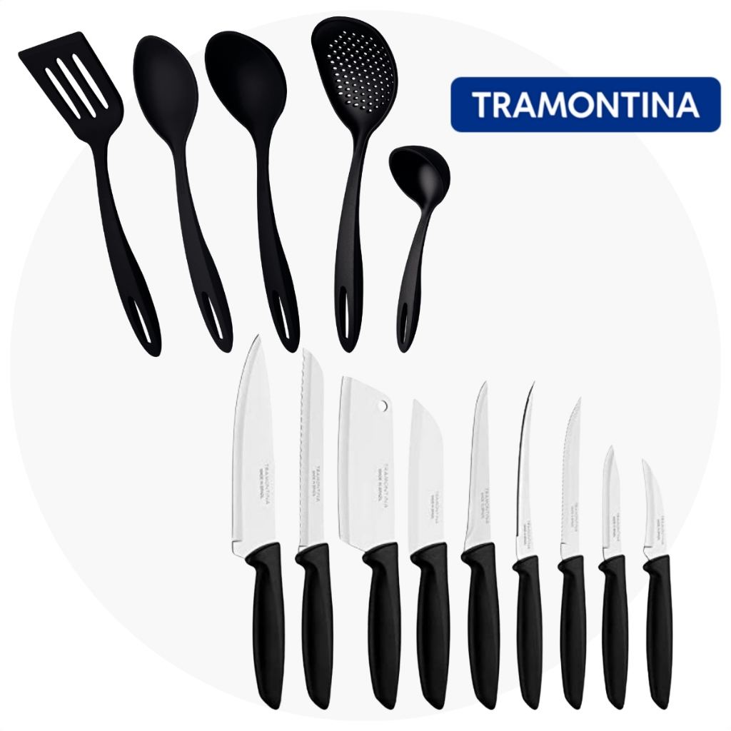 Kit Jogo de Utensílios 5 Peças Ability Preto + Jogo de Facas 9 Peças Plenus em Oferta na Shopee