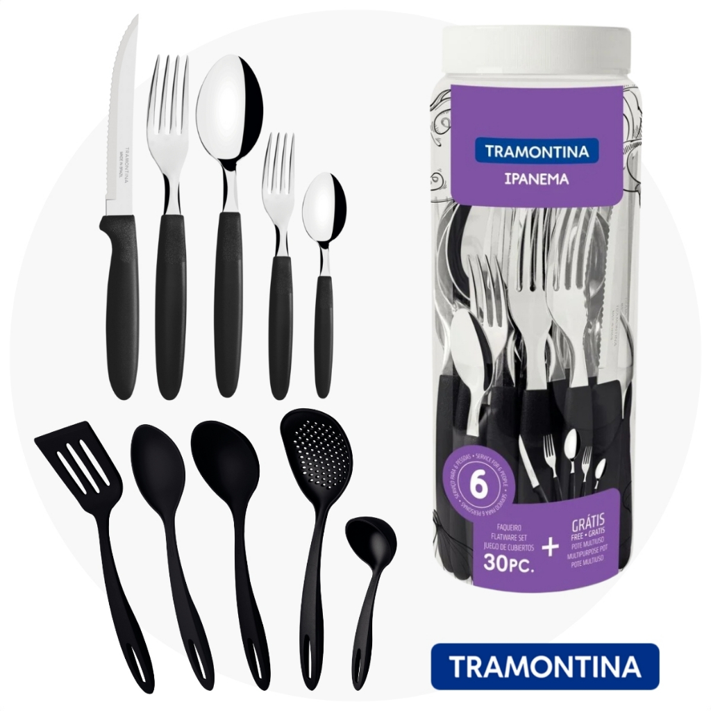 Kit Jogo de Utensílios 5 Peças Ability Preto Tramontina + Faqueiro 30 Peças Ipanema Preto Tramontina em Oferta na Shopee