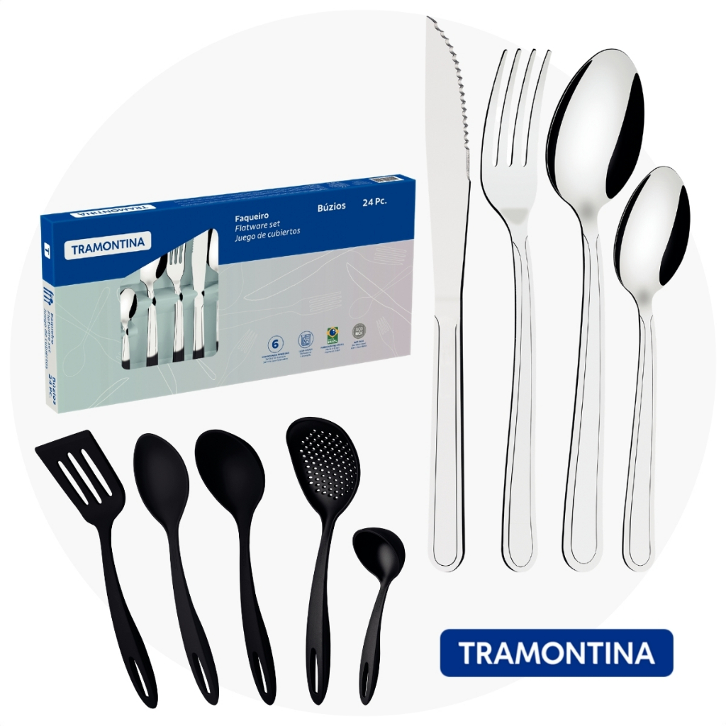 Kit Jogo de Utensílios 5 Peças Ability Preto + Faqueiro 24 Peças Búzios Inox Tramontina em Oferta na Shopee