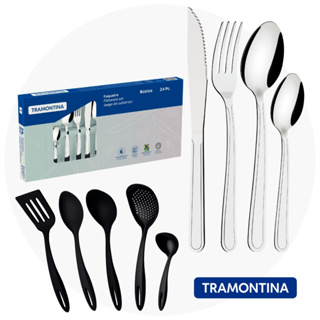 Kit Jogo de Utensílios 5 Peças Ability Preto + Faqueiro 24 Peças Búzios Inox Tramontina em Oferta na Shopee