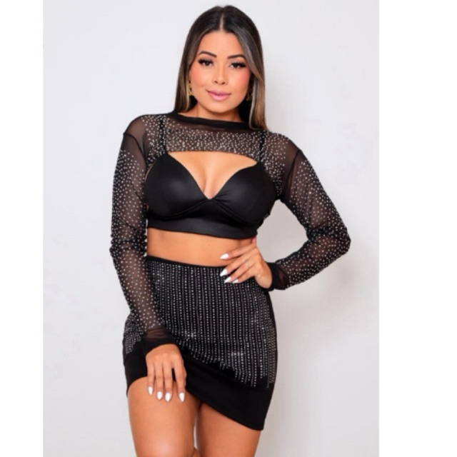 Blusa Blusinha Bolero Manga Longa Transparente De Tule Pedraria Pedra Strass Promoção
