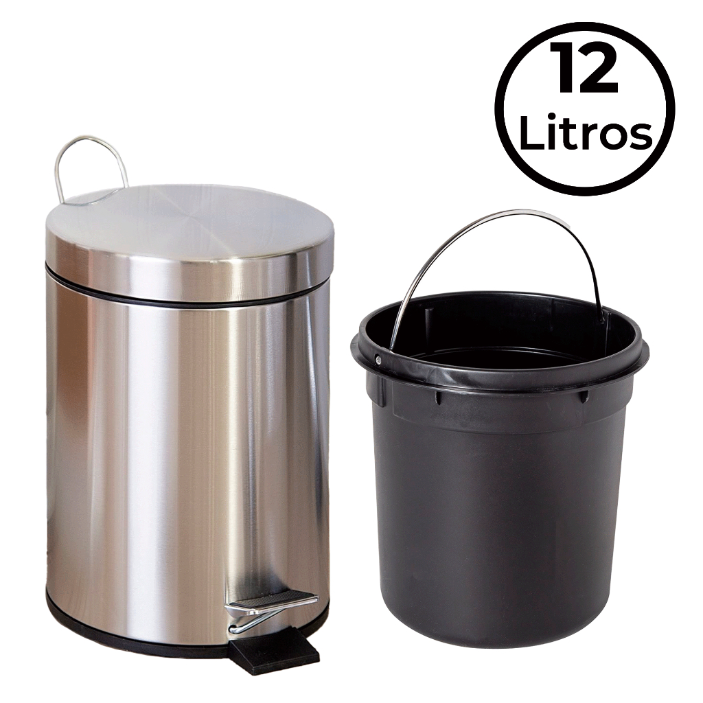 Lixeira Inox 3L 5L ou 12 Litros Cesto de Lixo Removível Balde Pedal Aço Inoxidável Redonda...