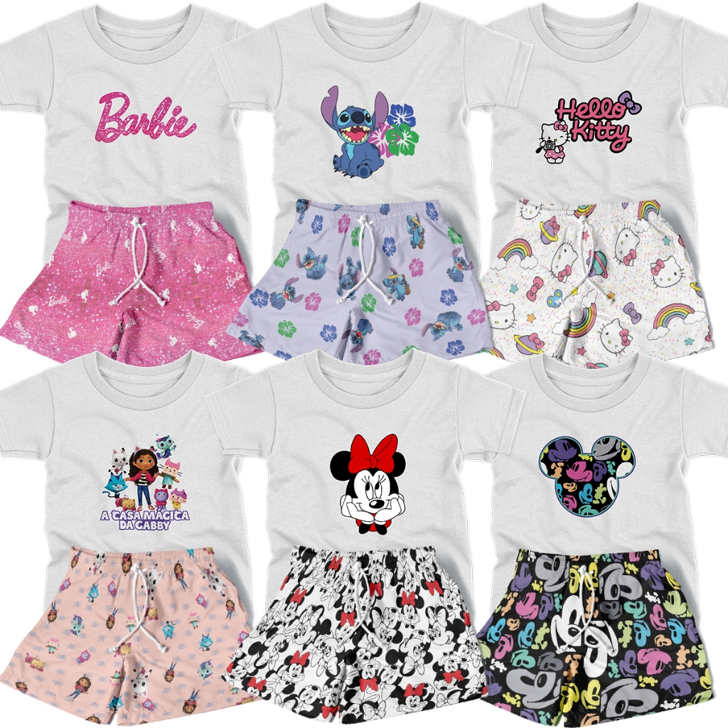 Conjunto Infantil Menina 2pçs Camiseta Manga Curta e Shorts Estampados Coleção de Verão Personagens