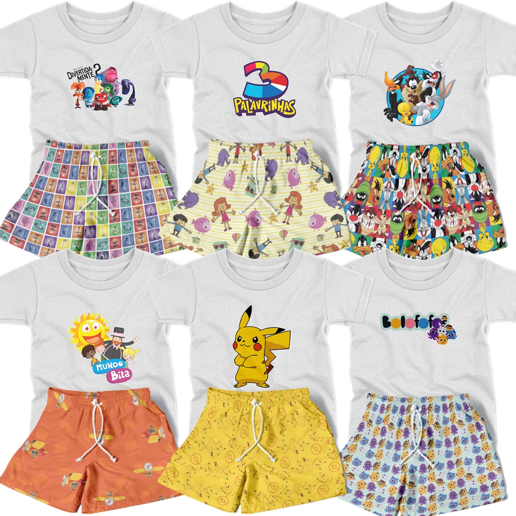 Conjunto Infantil Unissex 2pçs Camiseta Manga Curta e Shorts Estampados Coleção de Verão Personagens