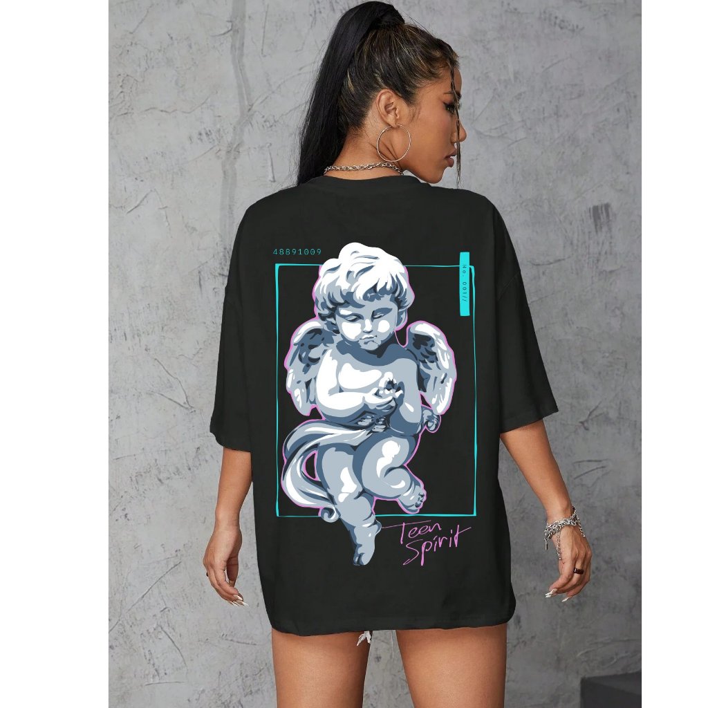 Camiseta Feminina Oversized Blusinha T Shit Algodão Plus Size Infantil Anjo teen spirit Streetwear