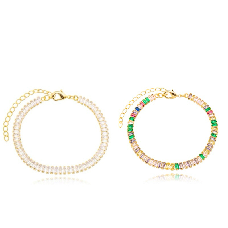 2 Opções De Pulseira Riviera Baguete Zircônia Cristal Ou Colorida Banhada a Ouro 18k Ou Prata 925 em Oferta na Shopee