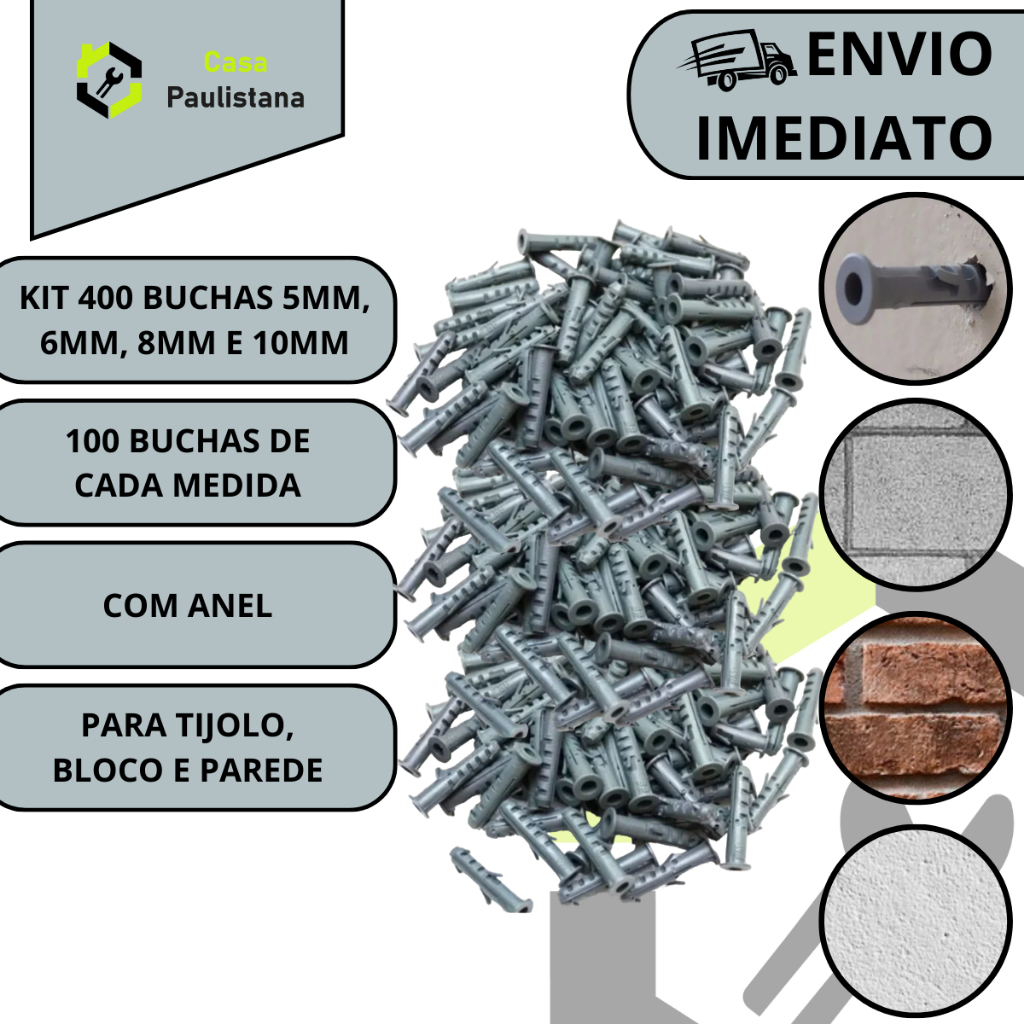 Kit 400 Buchas Anel 5mm 6mm 8mm 10mm Sem Parafuso P/ Parede em Oferta na Shopee