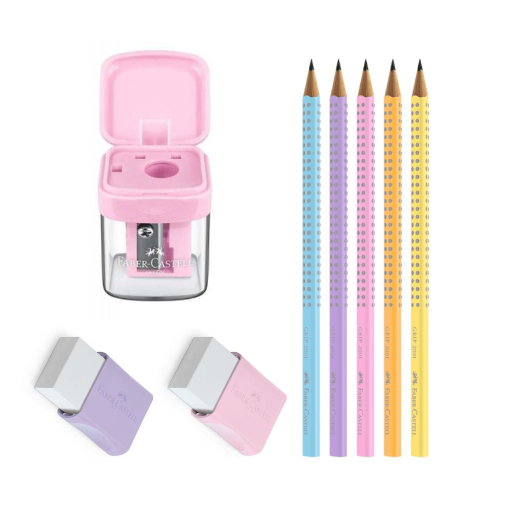 Kit 5 Lápis Pastel Grafite Faber + 2 Borrachas + Apontador em Oferta na Shopee