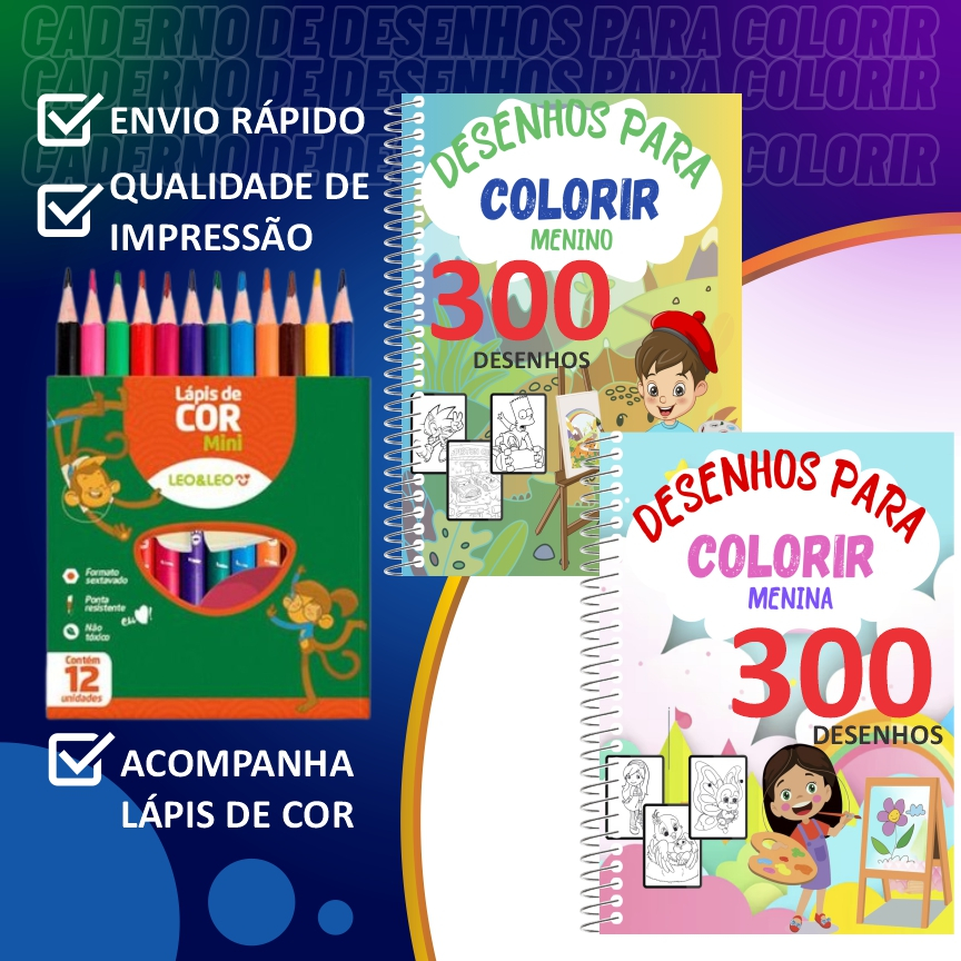 Livro Infantil 300 Desenhos para Colorir Grande Educativo para Crianças Atividades com Lápis de Cor