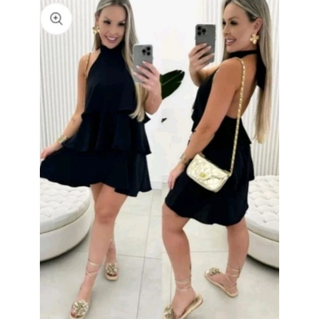 VESTIDO CURTO DE ALCINHA COM TRÊS BABADOS EM TECIDO DUNA em Oferta na Shopee