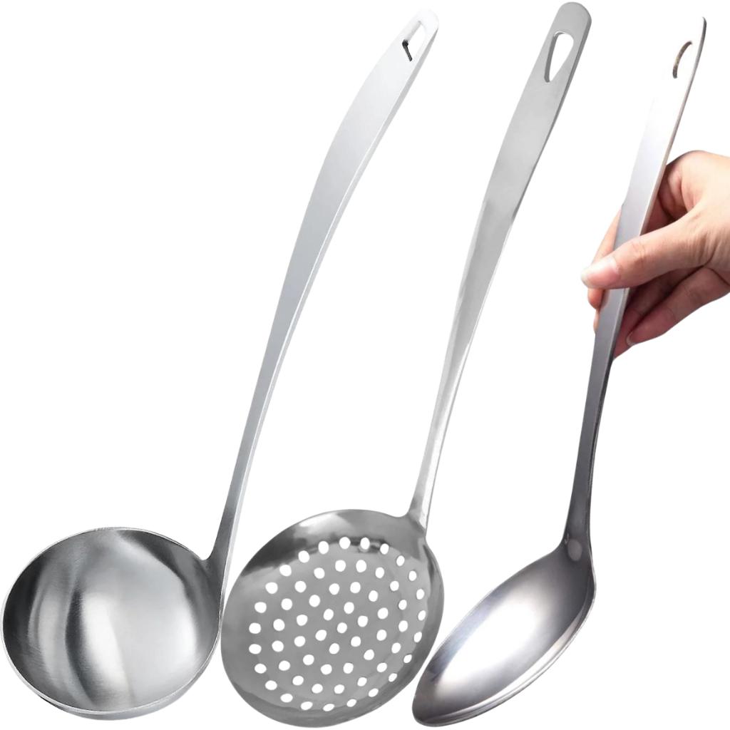 Kit de Utensílios Profissionais de Cozinha em Aço Inox Maciço - Escumadeira (Espumadeira), Colher e Concha em Oferta na Shopee