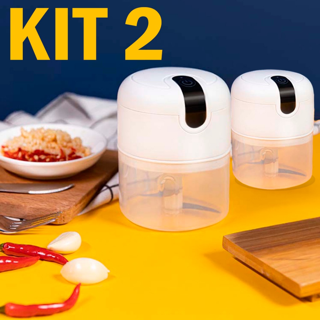 KIT 2 Mini Processador Elétrico de Alimentos Portátil com 3 lâminas de aço inox USB 250 ml Bivolt