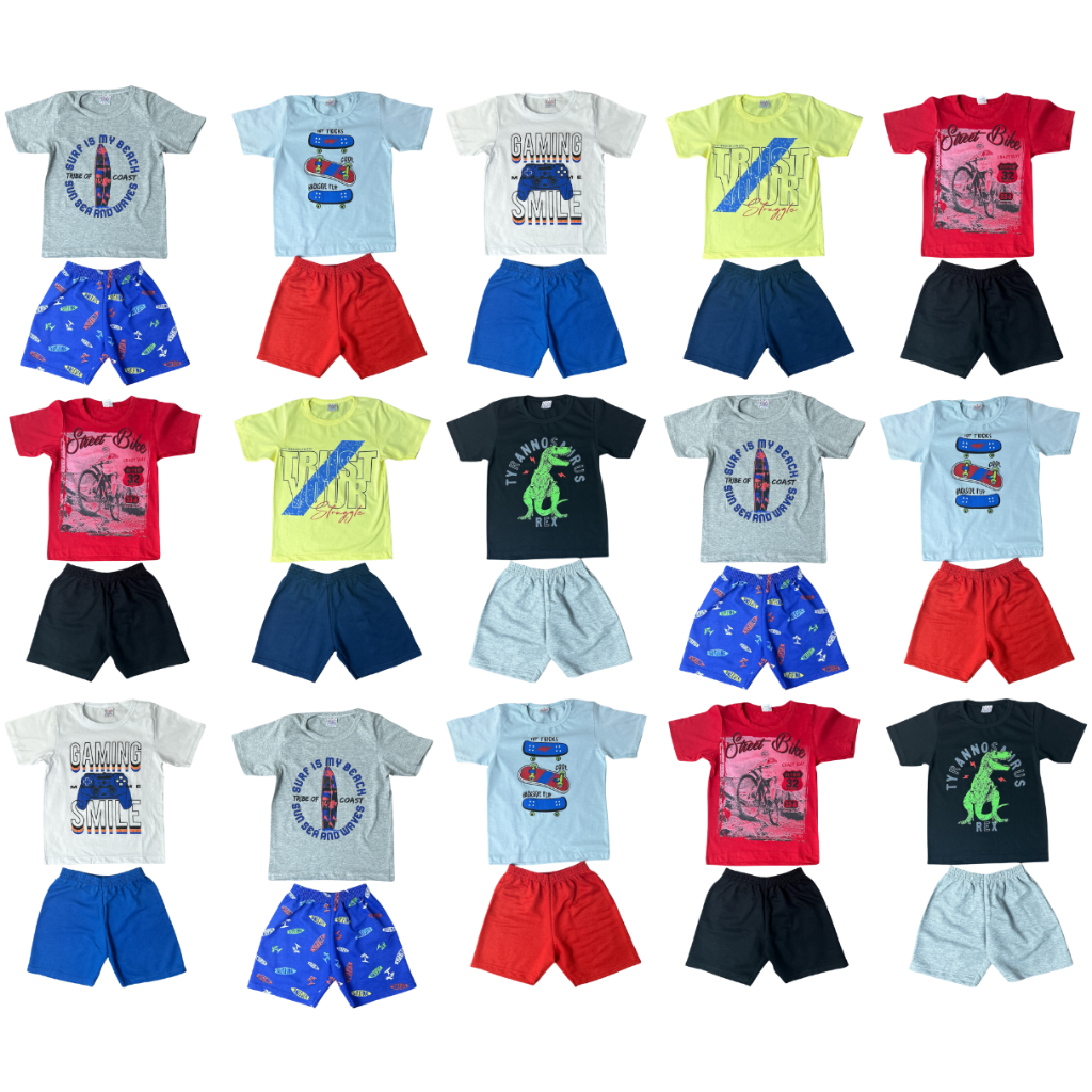 Conjunto Infantil Menino 1 Camisa + 1 Shorts Coleção Estampada Tamanho 1 ao 14