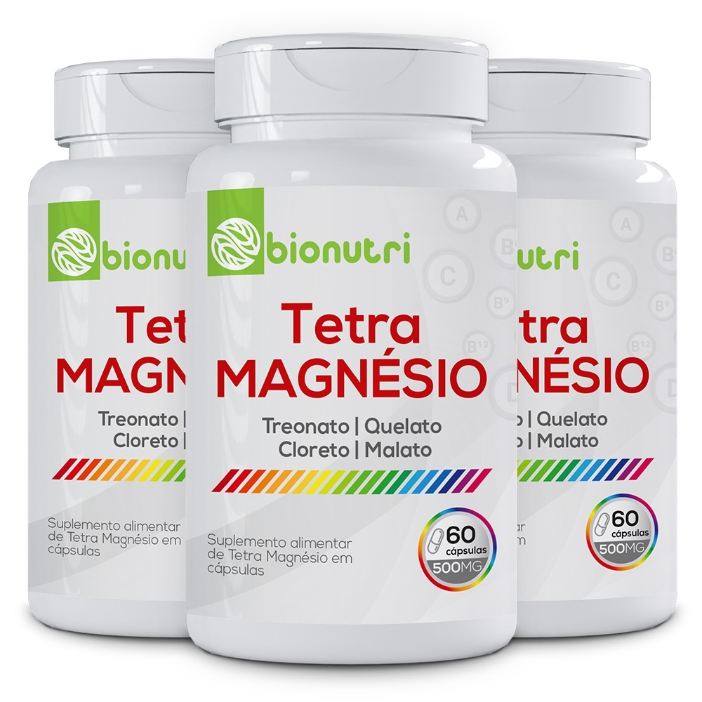 Kit 3x Tetra Magnesio - Treonina Quelato Cloreto e Malato 500mg 60 Capsulas - Bionutri