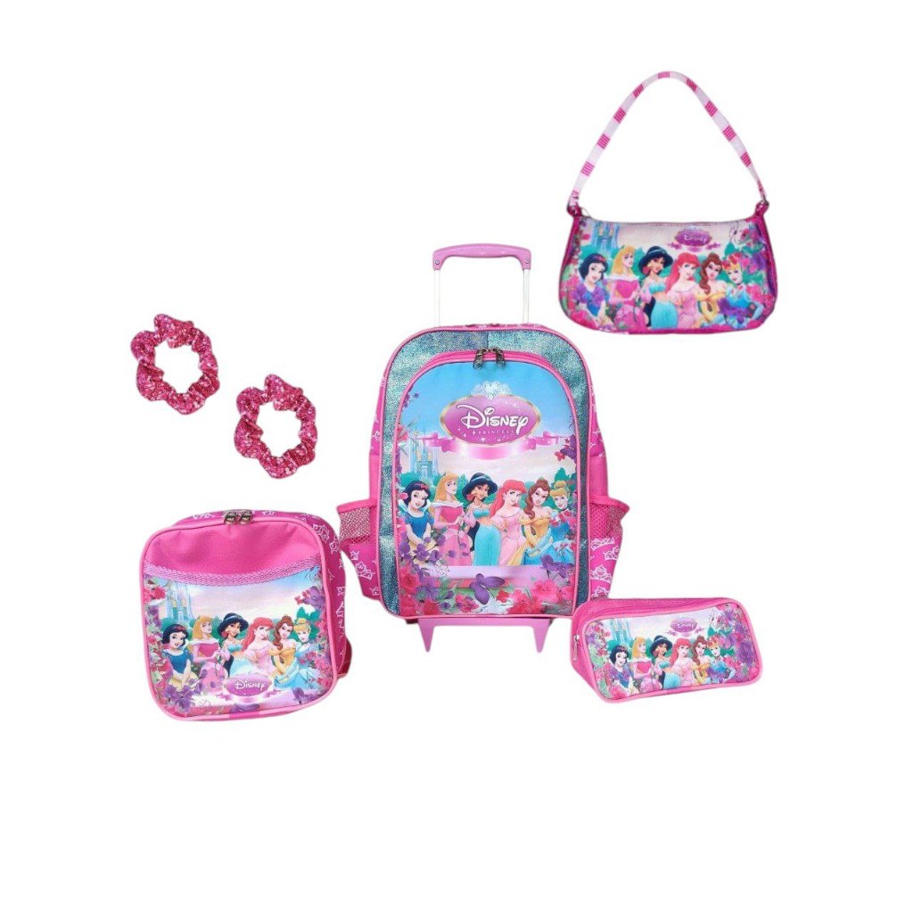 kit combo mochila de rodinhas Princesas infantil escolar meninas rosa com lancheira térmica estojo penal bolsinha de lápis bolsa baguete de passeio passar Barbie infantil bolsa de ombro