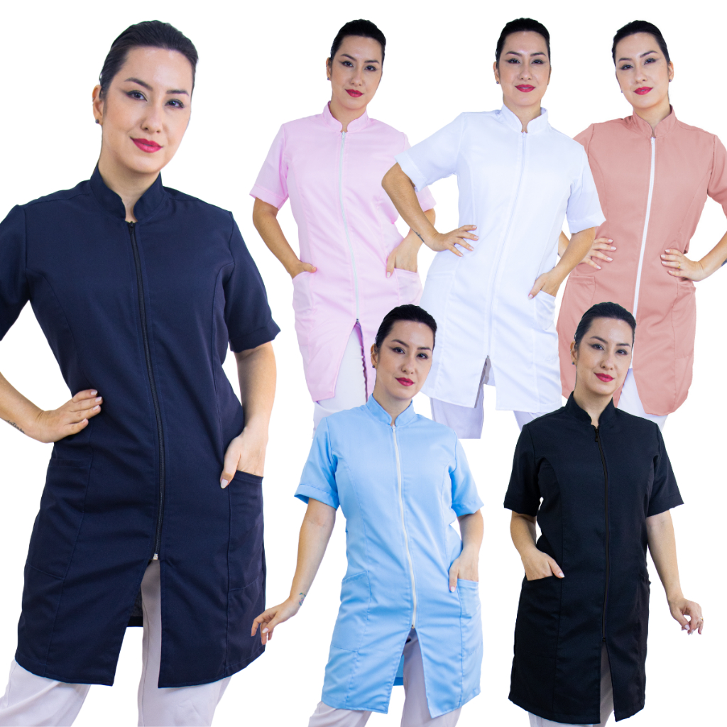 Jaleco Feminino Manga Curta Com Zíper Oxford Acinturado Diversas Cores