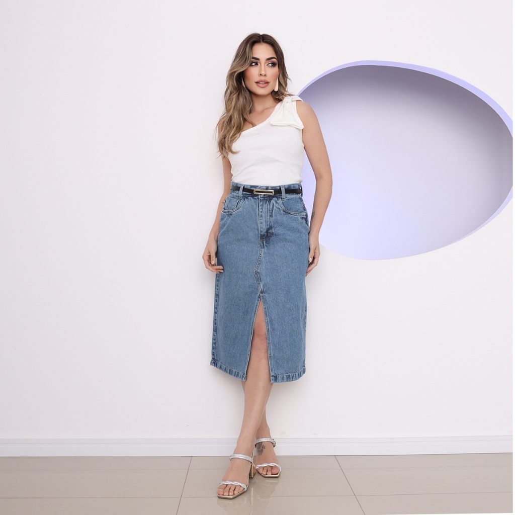 Saia midi jeans com detalhe de fenda acompanha cinto feminino em Oferta na Shopee