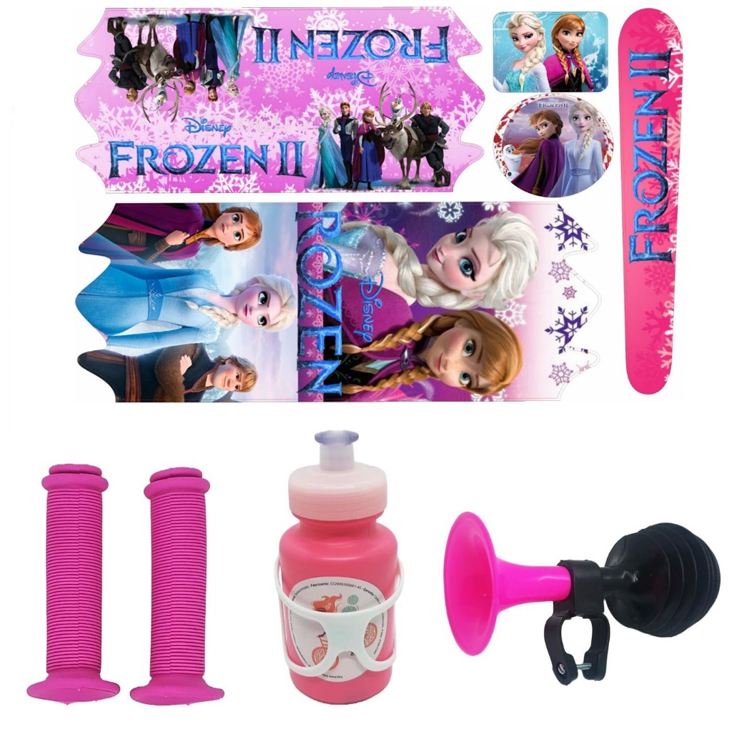 Kit Bike Infantil Buzina Manopla Garrafa Adesivo Princesas Frozen Skye Unicórnio Feminino Aro 16