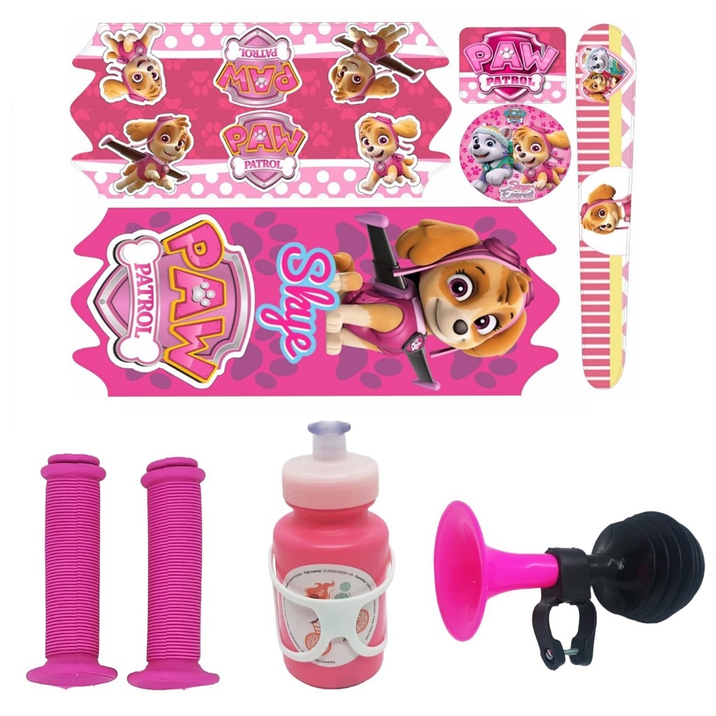 Kit Bike Infantil Buzina Manopla Garrafa Adesivo Skye Patrulha Canina Feminino Aro 16 Aro 20 Rosa