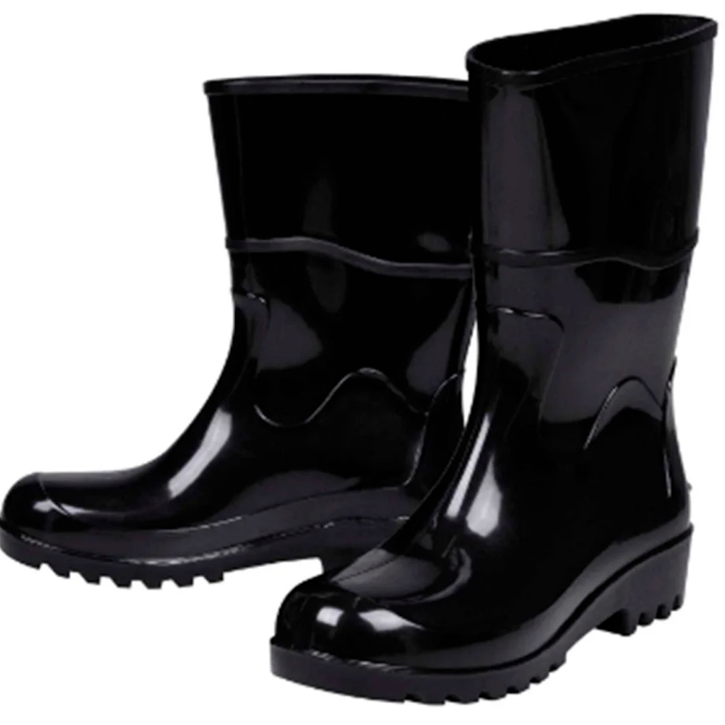 Bota Botinha Emborrachada Galocha Chuva Limpeza Pesca Motoqueiro PVC Cano Médio Preta Com Forro