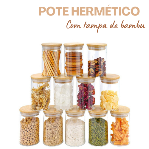Kit 10 Potes Herméticos de Vidro com Tampa de Bambu 250ml Tempero Mantimento