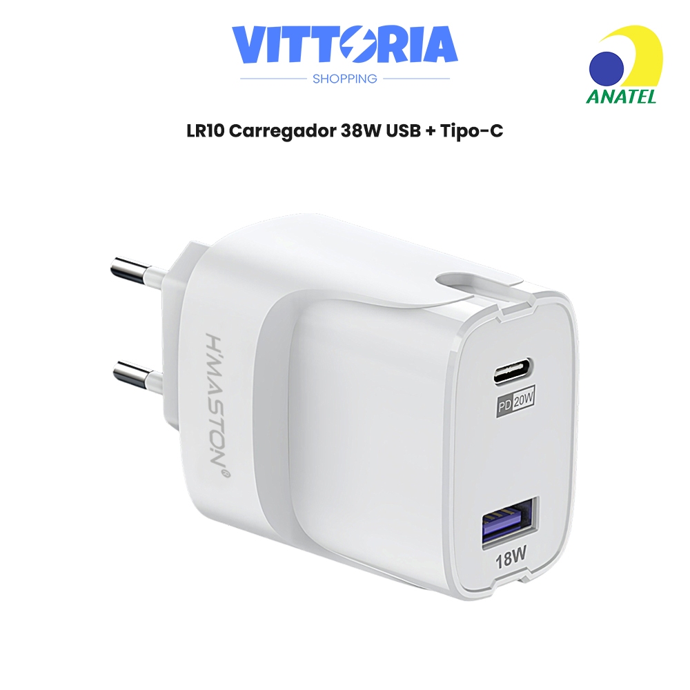 Carregador LR-10 38w Carregador Tipo-C e USB Carregador Rápido QC3.0 2 Entradas para Celular Tablet