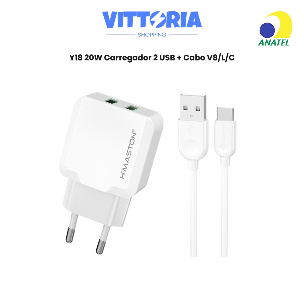 Carregador Y18 2 USB 20W Carregador Turbo com Cabo V8/L/C Fast Charger 2 Entradas Carregador Rápido