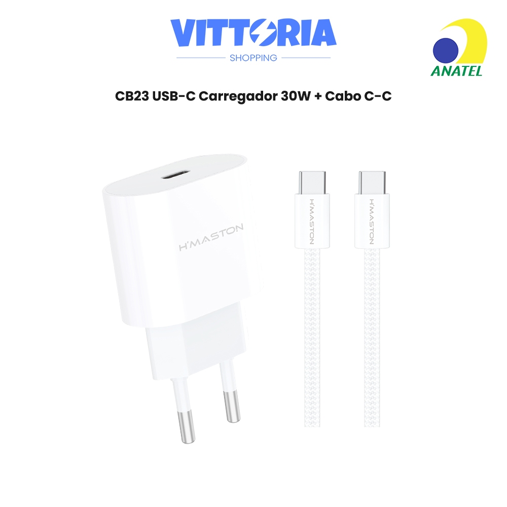 Carregador CB-23 USB-C 30W com Cabo C-C Carregador Rápido Carregador de Celular para iPhone Samsung