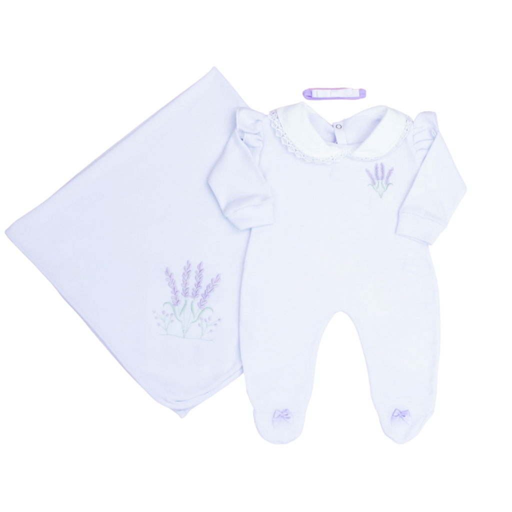 Saída Maternidade Menina Minimalista e Delicada Conjunto Bordado de Lavanda e Detalhes Elegantes em Oferta na Shopee