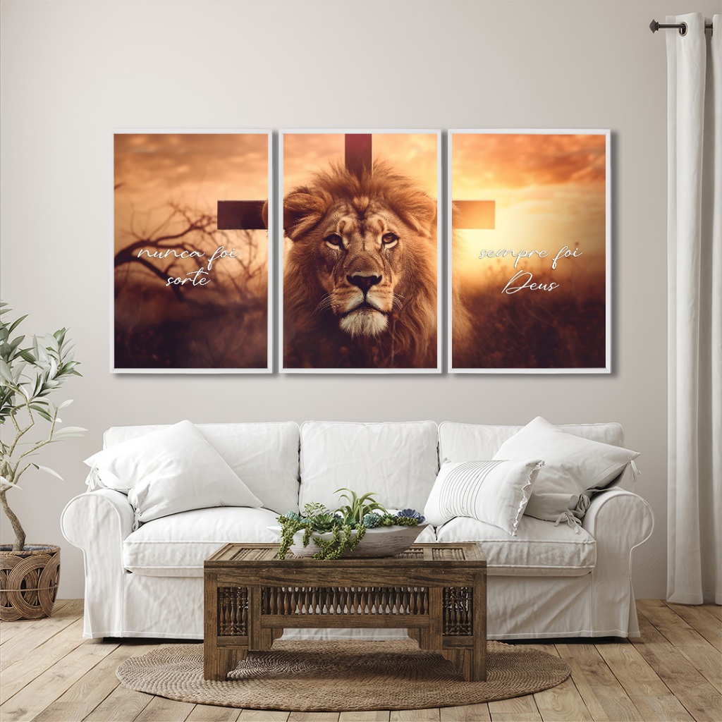 Quadro Decorativo Nunca Foi Sorte Sempre Foi Deus / Leao De Juda 3 Telas Sala Quarto Escritorio em Oferta na Shopee