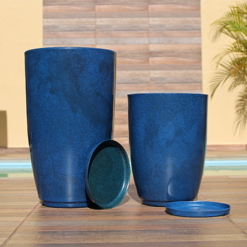 Kit Vasos para plantas Grande de polietileno Espelhado Luxo com Prato Coluna Lisa N3 + N2