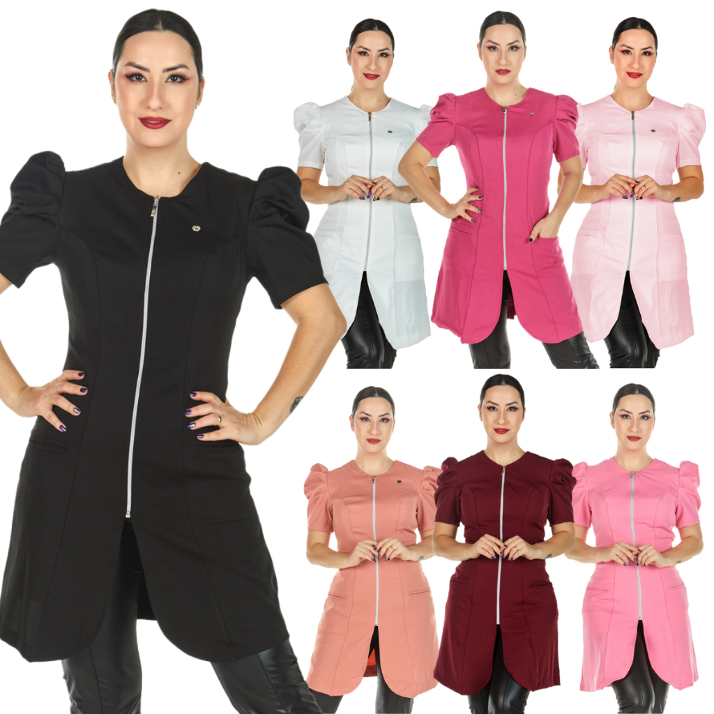 Jaleco Feminino Manga Curta Bufante Princesa Acinturado Com Zíper Várias Cores