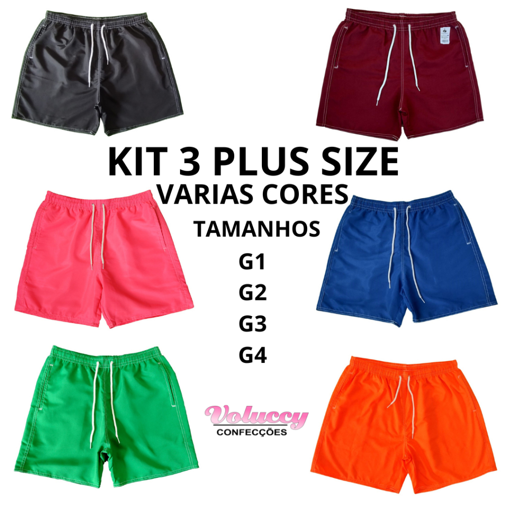 Kit de 3 Short Plus Size extra Mauricinho Masculino Tactel Adulto Praia Piscina Moda Promoção