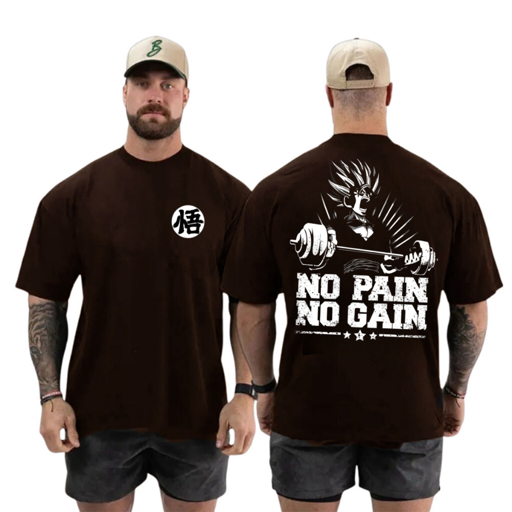 Camiseta Oversized Streetwear No Pain No Gain Vegeta GYM Moda Musculação Academia Lançamento Exclusivo
