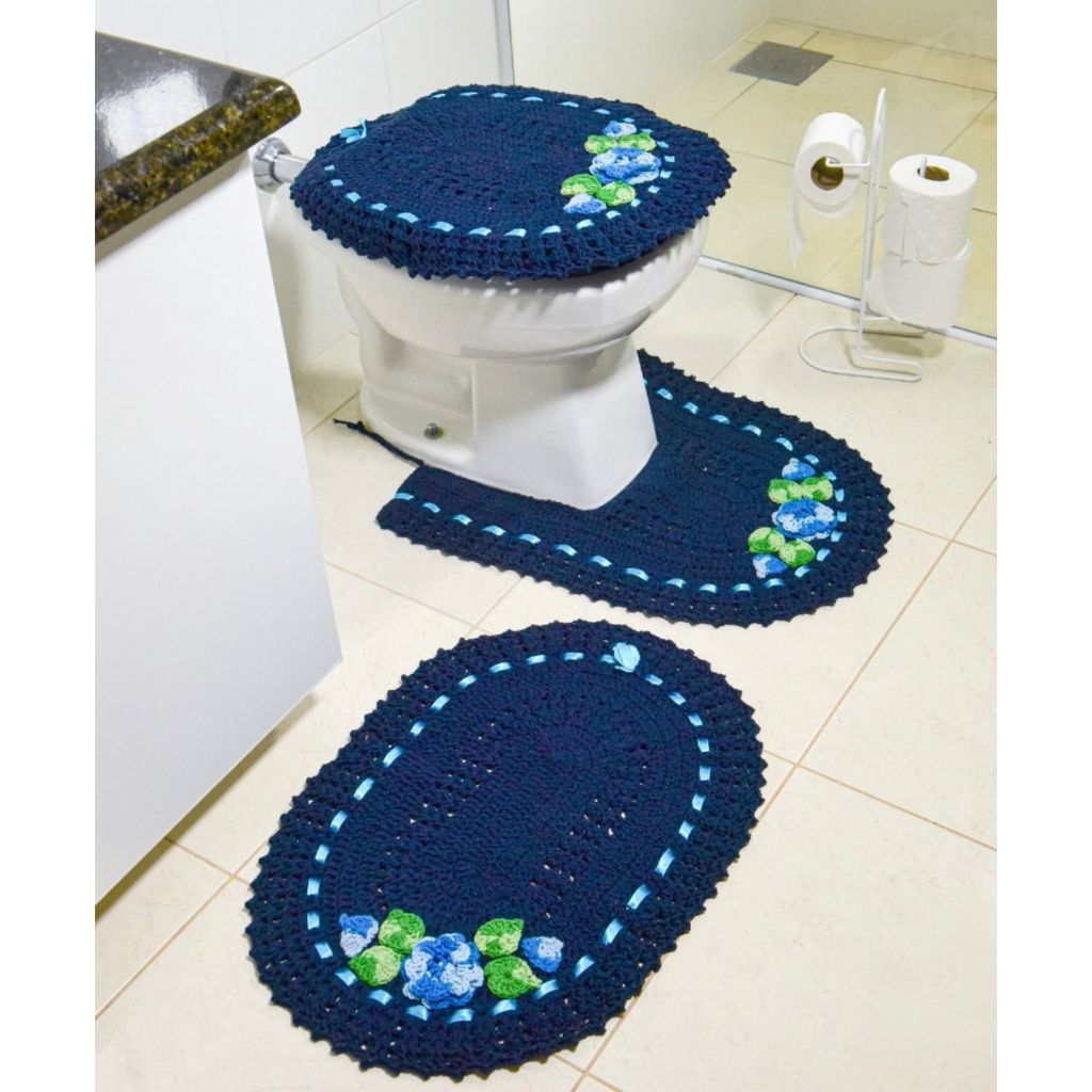 Jogo de Banheiro com 3 Peças - Bordado com Flor Barroco e Fita de Cetim em Oferta na Shopee