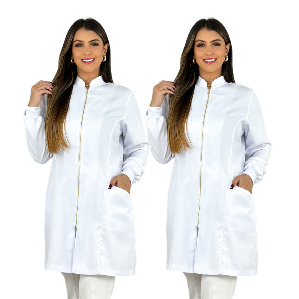 Kit 2 Jalecos Gabardine Básico Zíper Manga Longa Punho Salão de Beleza Estudante Clínica em Oferta na Shopee