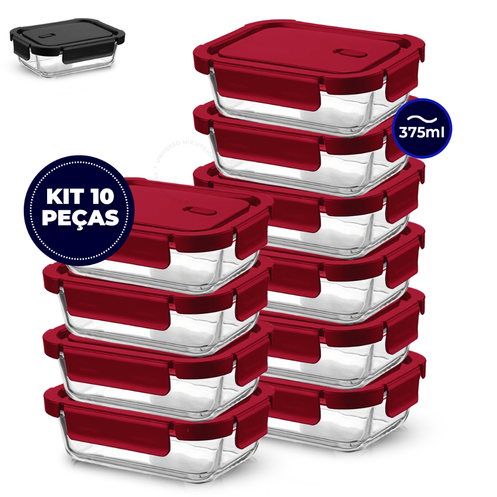 Kit 10 ou 5 Potes Vidro Retangular Hermético 375ml 4 Travas Marmita Premium Vermelho