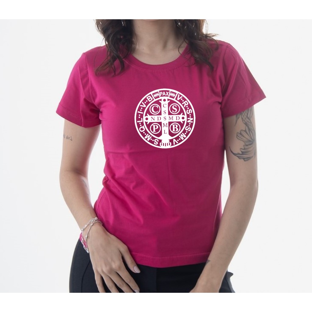 Camiseta Baby Look Medalha São Bento 100% Algodão de Gola Redonda de Malha Fresca com Envio Imediato