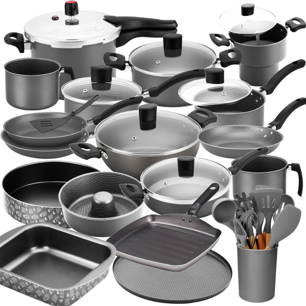 Jogo De Panelas Teflon Cinza 30pç + Formas + Cuscuzeira + Utensilios + Frigideira + Wok + Cuscuzeira em Oferta na Shopee