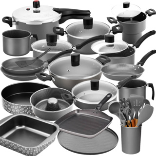 Jogo De Panelas Teflon Cinza 30pç + Formas + Cuscuzeira + Utensilios + Frigideira + Wok + Cuscuzeira em Oferta na Shopee