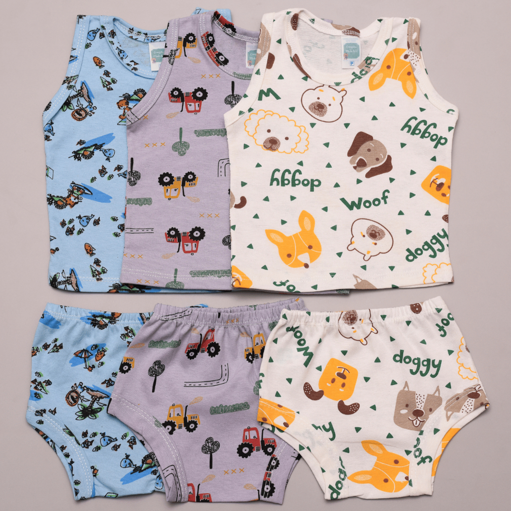 Kit 6 Peças 3 Regata 3 Short Bebe Malha Verão Tapa Fralda Algodao Estampado Menino Menina em Oferta na Shopee