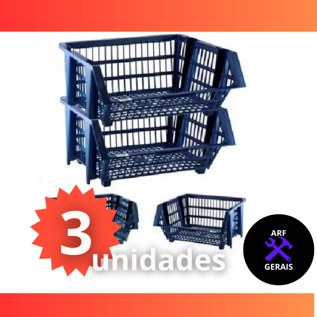 3 Cesto Empilhavel Expositor Organizador Azul Unidades em Oferta na Shopee