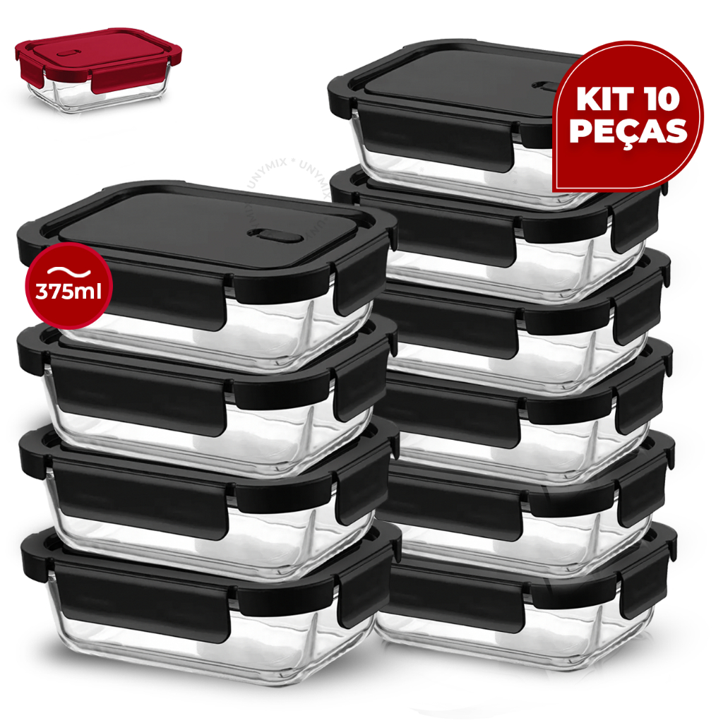 Kit 10 Potes Vidro Hermético 375ml Retangular 4 Travas Marmita Premium Preto